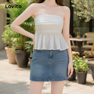 Regata Casual Feminina Lovito Lisa Plissada com Babados e Bainha em Branco, Azul e Preto - LNE35069 em Oferta na Shopee