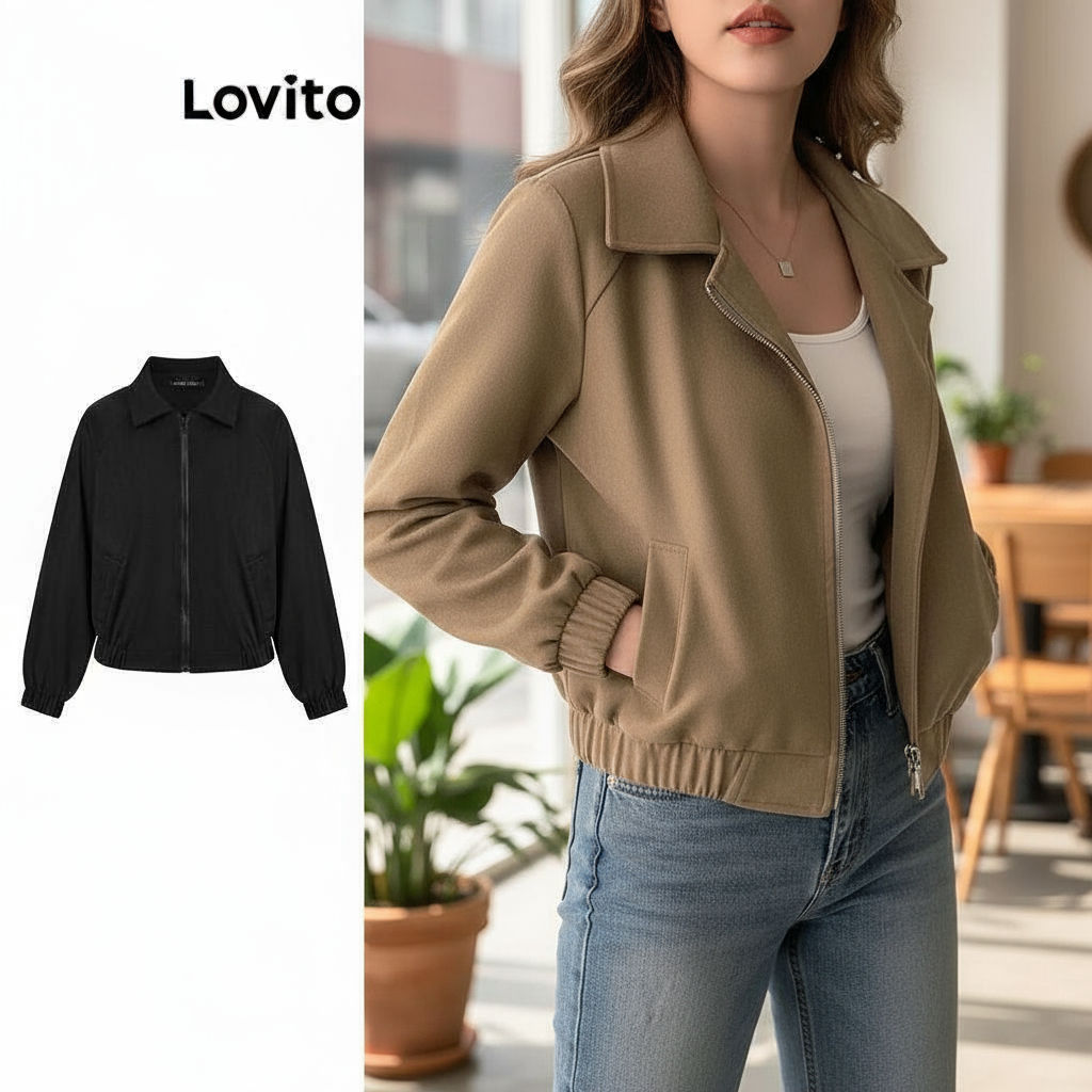 Lovito Jaqueta Casual Feminina com Zíper Liso LNE30129 Marrom em Oferta na Shopee