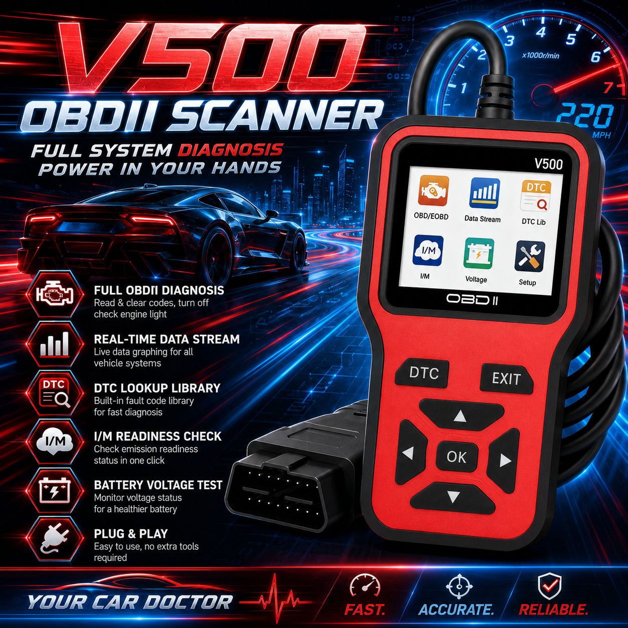 V500 Obd2 Leitor De Código De Carro Scanner Ferramenta De Redefinição De Diagnóstico De Motor Universal