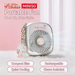 MINISO Sanrio Hello Kitty Series 500mAh Mini Ventilador Portátil Prateado Com Pingente De Personagem Chaveiro Presente D