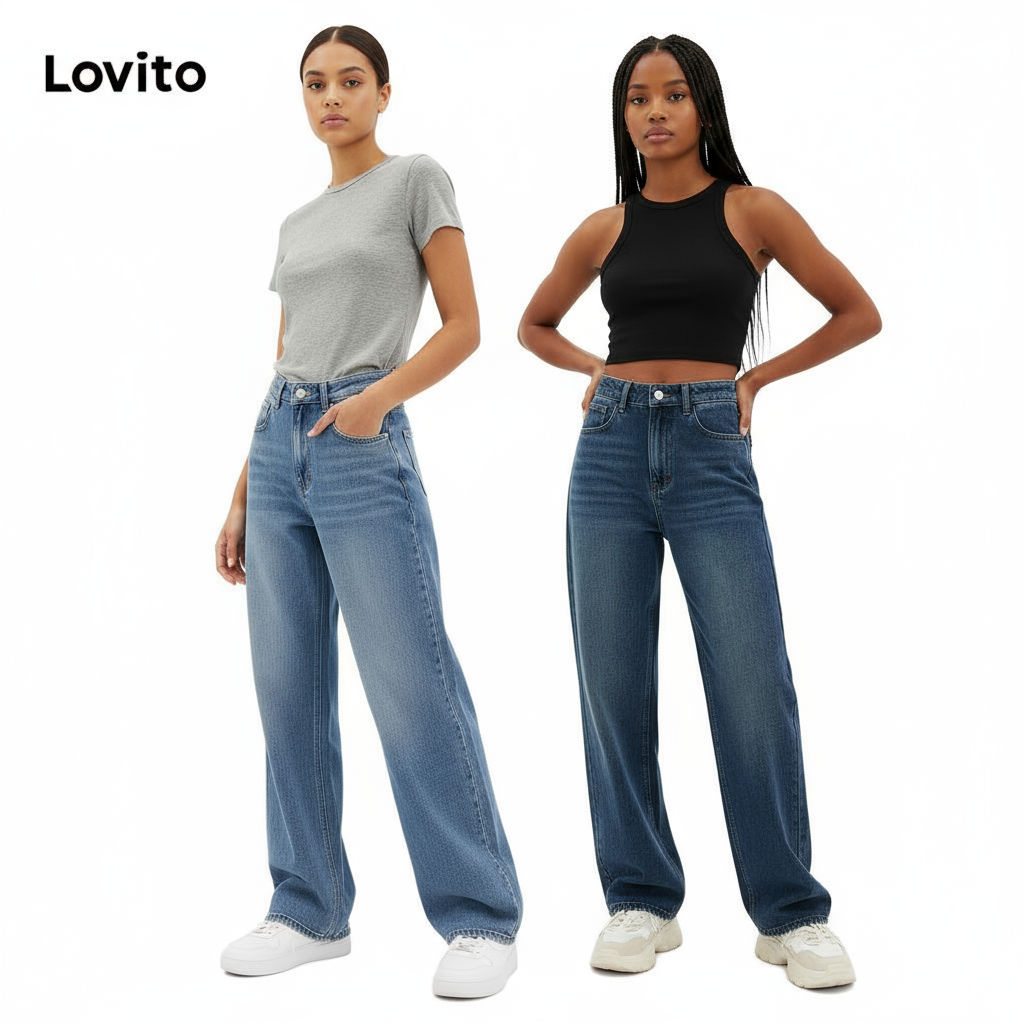 Lovito Calças Jeans Flare Casual Lisas com Cintura Alta L30AD050\4 em Oferta na Shopee