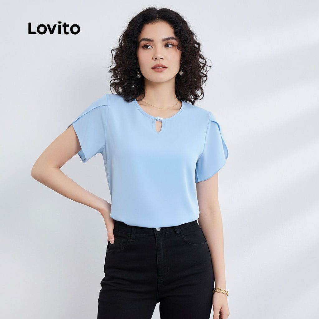 (Trendy2) Lovito Blusa Elegante Com Botões E Recortes Lisos, Blusa De Verão/primavera Para Mulheres L129ED370 em Oferta na Shopee