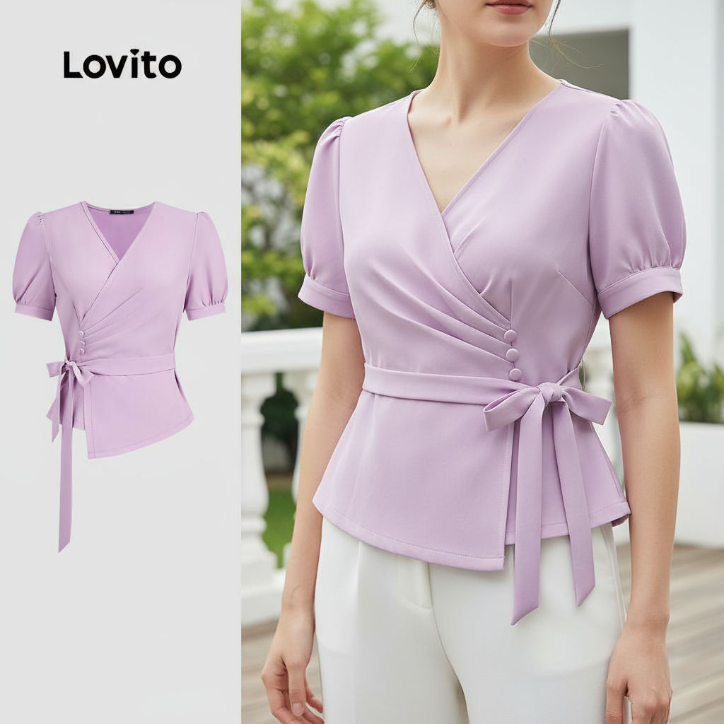 Blusa Feminina Roxa Elegante Lovito Com Botões Lisos E Cadarço Para Primavera/Verão L134ED818 em Oferta na Shopee