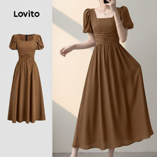 (Trendy2) Lovito Vestido Feminino de Primavera/verão Casual Plissado Macio e Confortável Na Cor marrom L137ED127 em Oferta na Shopee