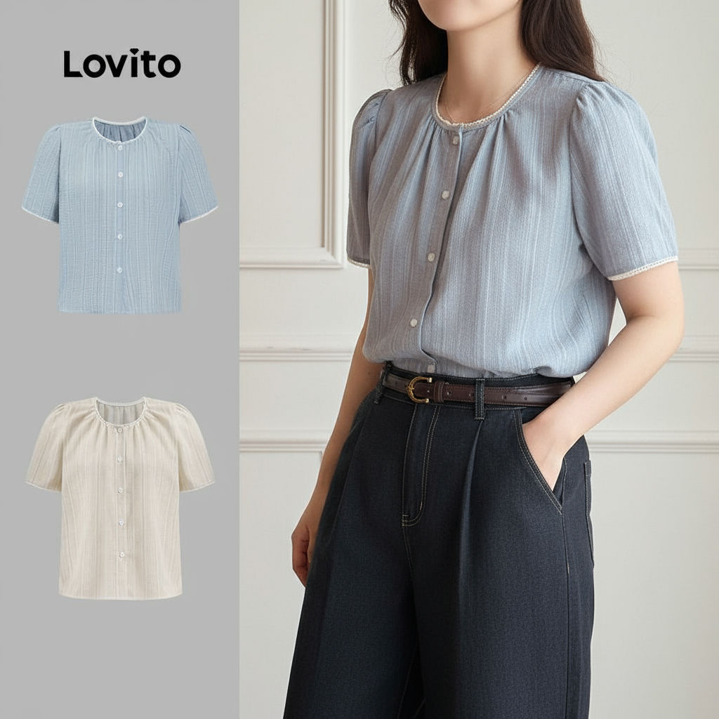 Lovito Blusa Feminina Casual Listrada com Botões para o Verão L99ED673 em Oferta na Shopee