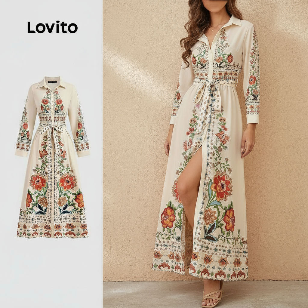 Lovito Vestido feminino Boho com estampa floral e detalhe de costura frontal LBL23617 em Oferta na Shopee