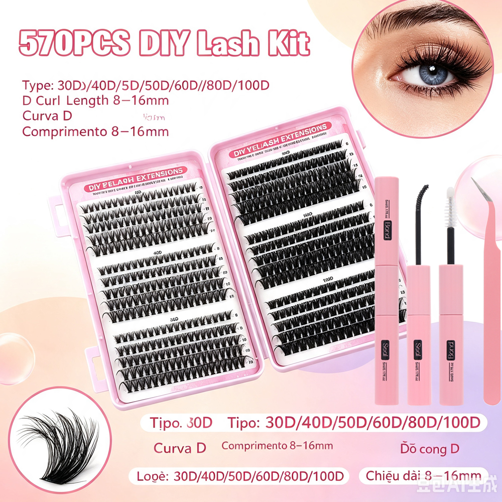Kit De Extensão De Aglomerados De Cílios Individuais De 570 Peças DIY Com Vedação De Ligação E Aplicador Para Uso Domést