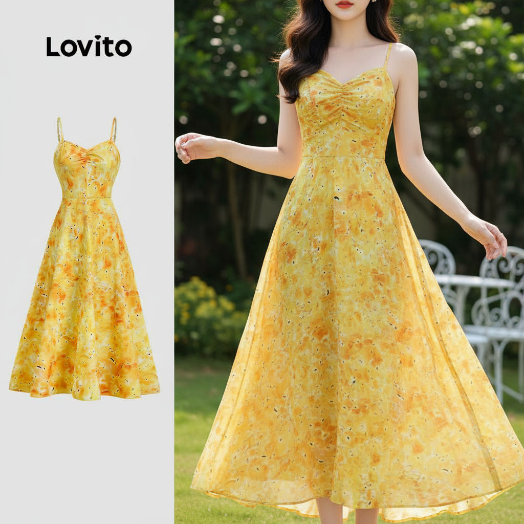 (trendy4) Lovito Vestido Casual de Estrutura com Pregas Primavera/verão Amarelo para Mulheres L138ED249 em Oferta na Shopee