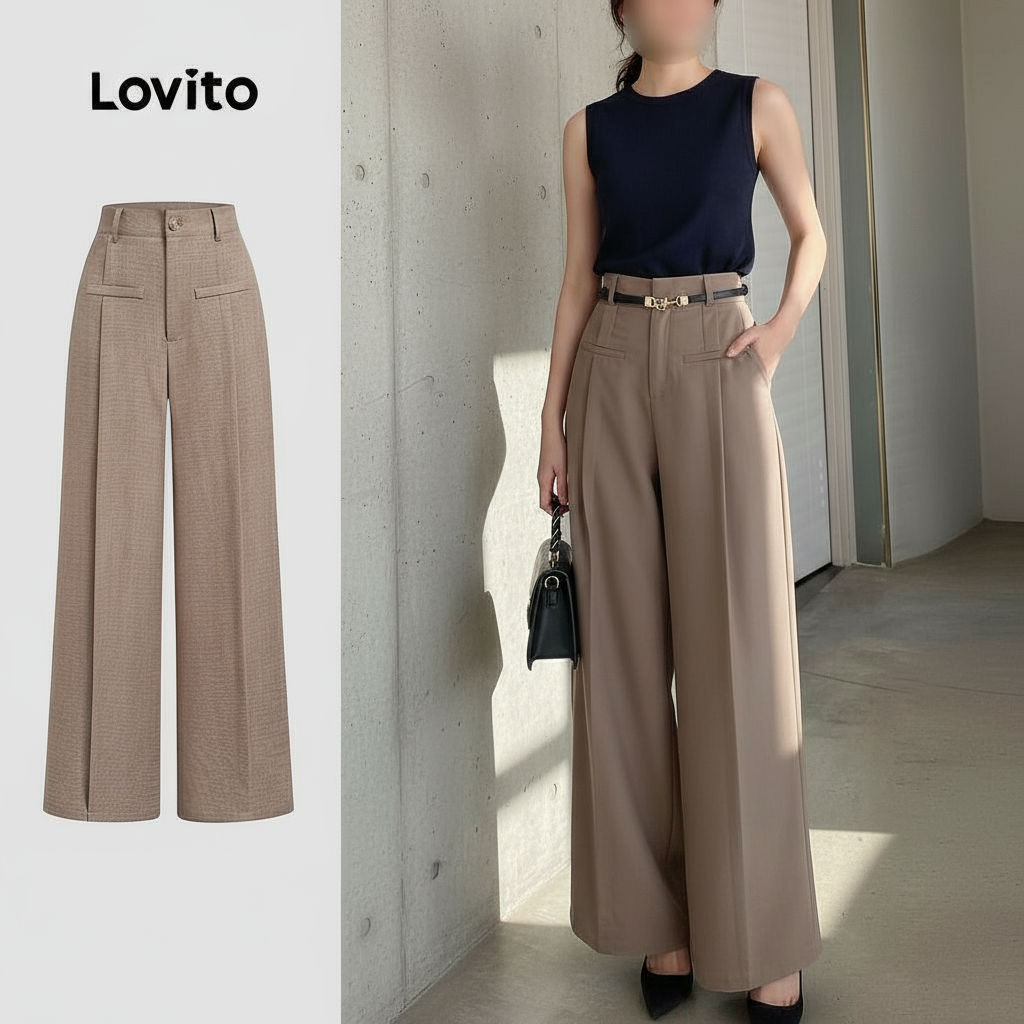 Lovito Calça Social Feminina com Plissé, Bolso Fake, Design Clean, Coleção Primavera-Verão, Cor Marrom, Ref. LB135LD395 em Oferta na Shopee