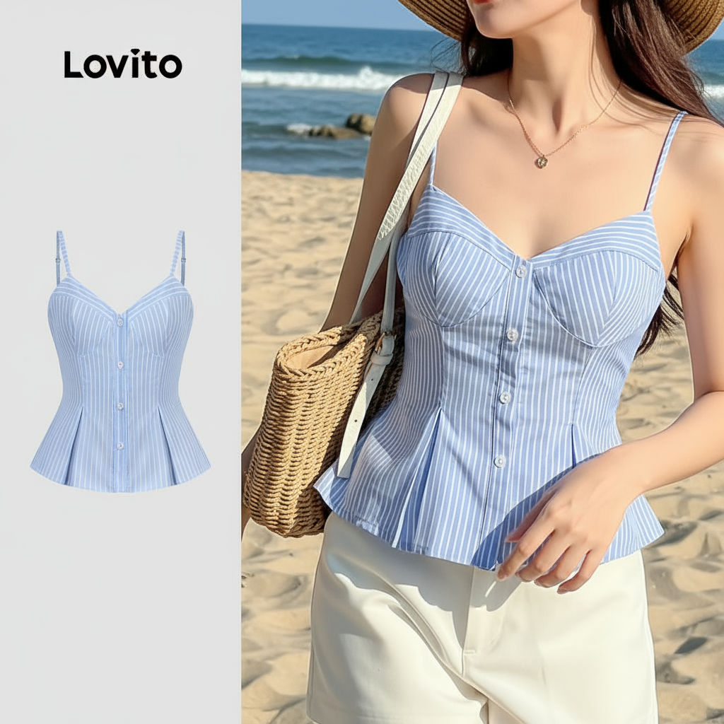 Lovito Blusa Feminina Casual com Botões, Pregas e Linha Estrutural para Primavera/Verão Azul L144AD031 em Oferta na Shopee