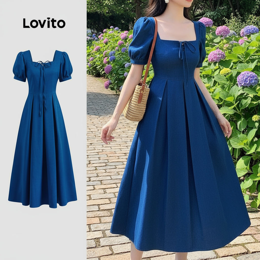 Lovito Vestido Feminino Casual Plissado com Cadarço para Verão/Primavera LBL23071 em Oferta na Shopee