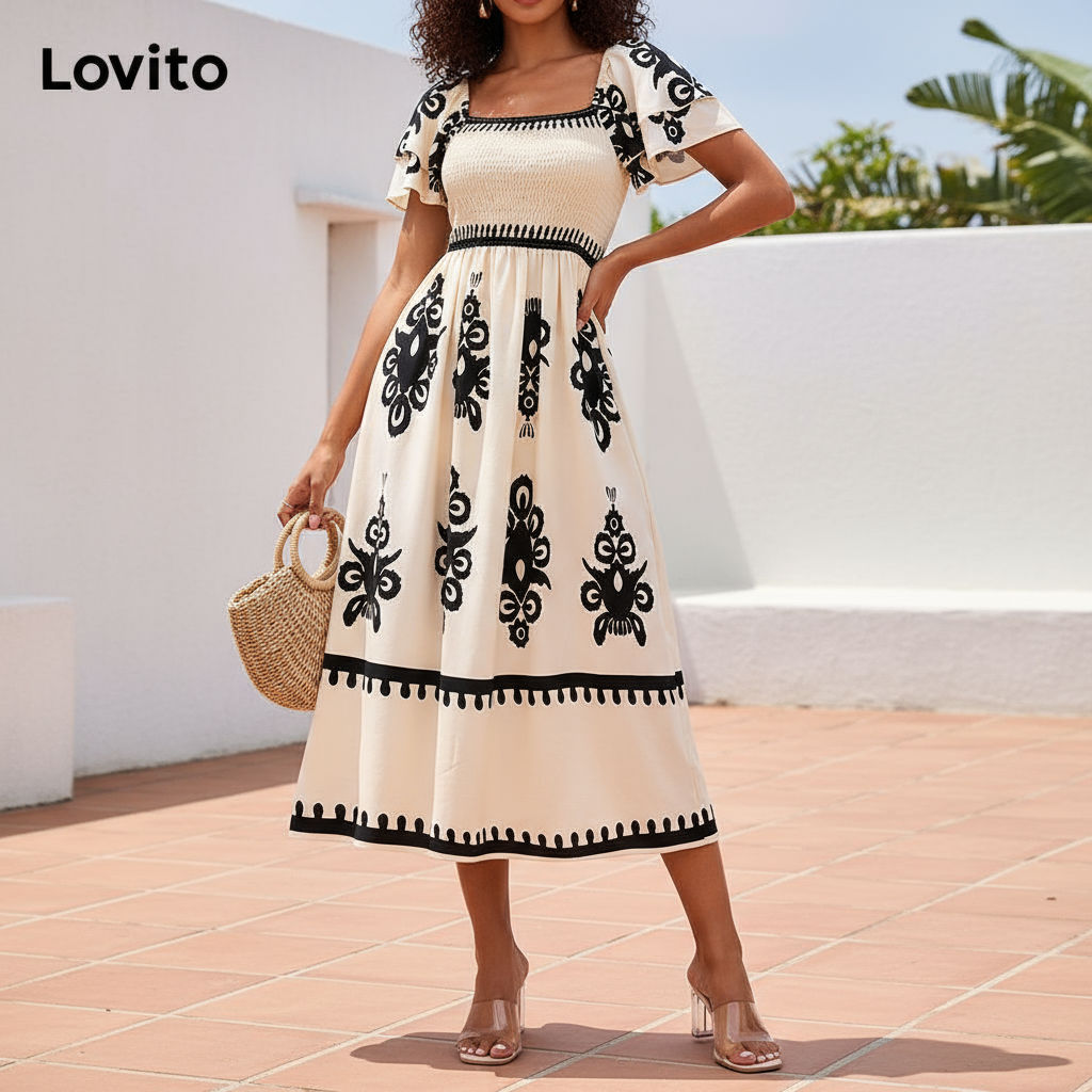 Lovito Vestido Romântico Paisley Vestido Com Babados Para Mulheres LBL16668
