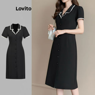 Lovito Vestido Feminino Liso Com Botões e Detalhe Contrastante, Estilo Elegante, Modelo L104ED692 em Oferta na Shopee