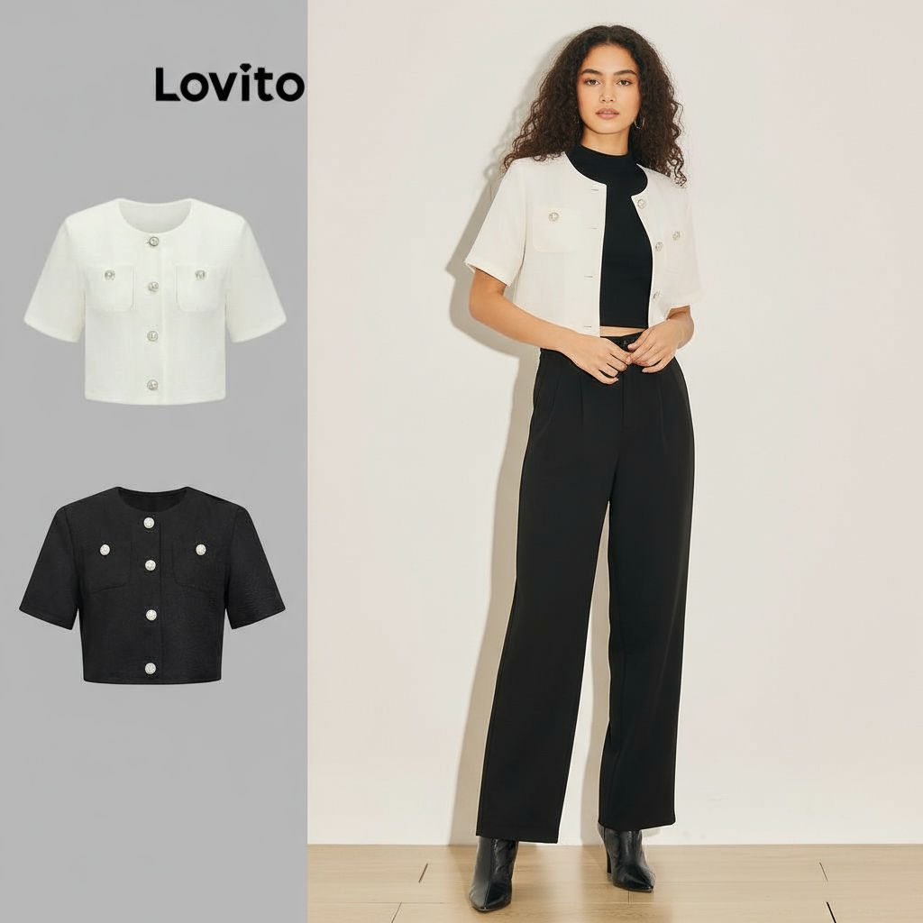 Lovito Casaco Feminino Casual com Botão e Bolso Liso L61AD005 (Off-White) em Oferta na Shopee