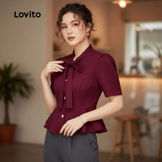 Lovito Blusa Elegante com Botões Babado Na Bainha Laço Frontal Primavera/verão Vermelho vinho L155ED856\5 em Oferta na Shopee