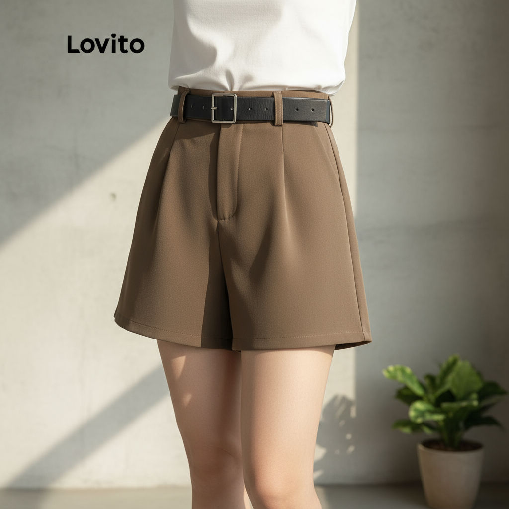 Lovito Shorts Femininos de Verão com Botão para Primavera/Verão, Casual, Cor Marrom, LNE29232 em Oferta na Shopee