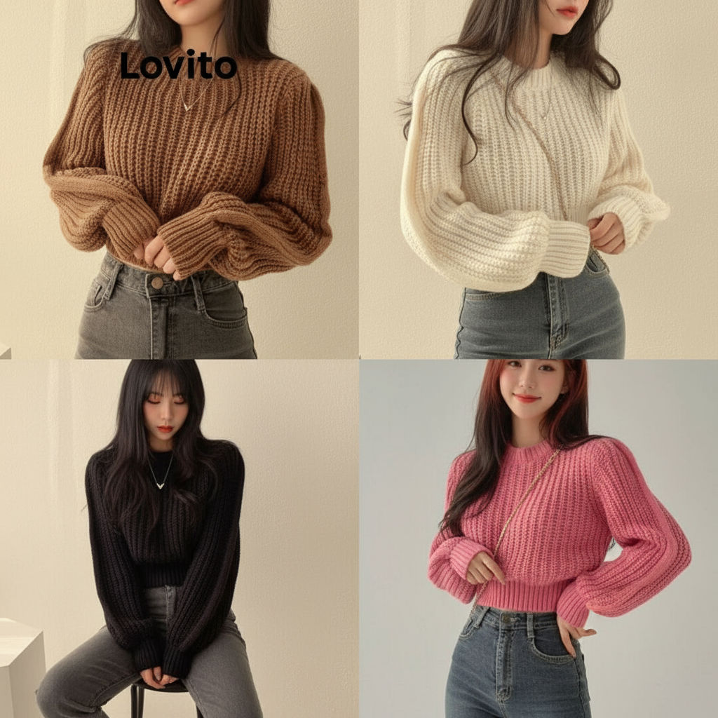 (trendy3) Lovito Suéter Casual Liso Básico Para Mulheres LNA40014 em Oferta na Shopee