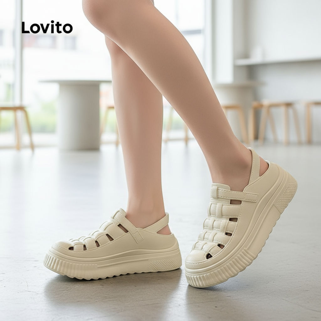 Lovito Sandália Feminina Casual Lisa em EVA com Trama Romana, Sola Grossa Elevada e Design Oco LFA62084 em Oferta na Shopee