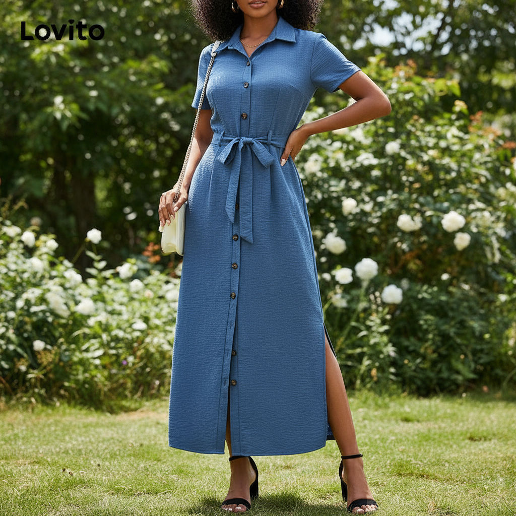 Lovito Vestido Feminino Liso Com Botão e Cinto Frontal Elegante LBL16404 em Oferta na Shopee