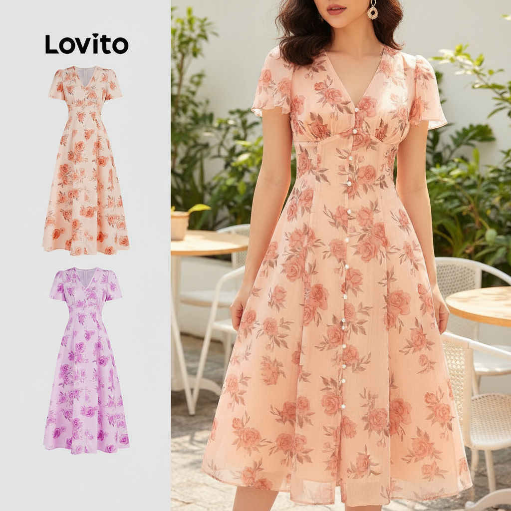 Lovito Vestido Casual Feminino Floral Com Botões Frontais Para Primavera/Verão L131LD1193 em Oferta na Shopee