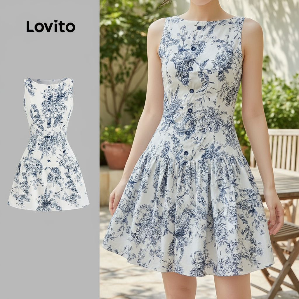 Lovito Vestido Feminino Azul com Botões para Primavera/Verão Casual L151AD004 em Oferta na Shopee