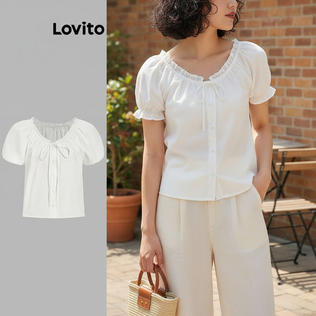 Lovito Blusa Feminina Casual Lisa com Amarração L95EDBL330 em Oferta na Shopee