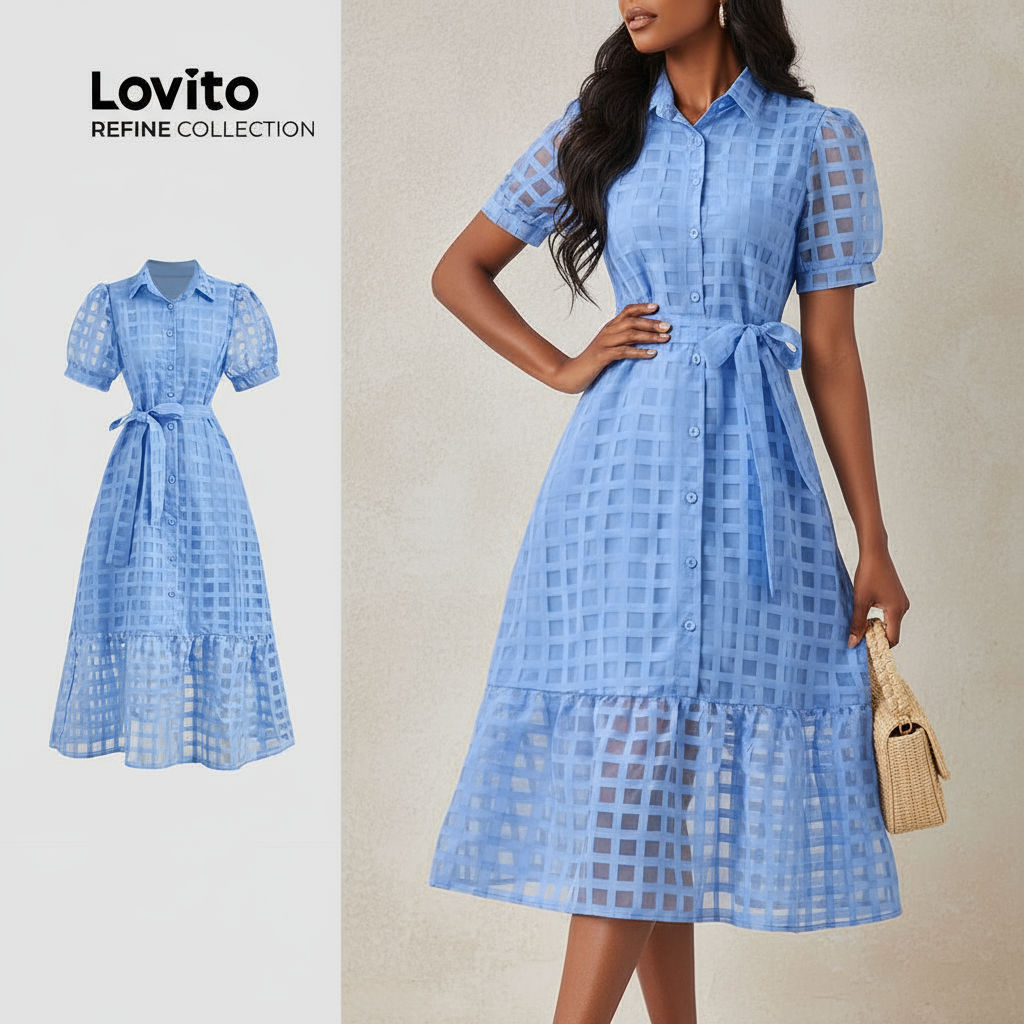 Lovito Refine Vestido Feminino Elegante de Botão com Cinto para Primavera/Verão Azul LR13L065 em Oferta na Shopee