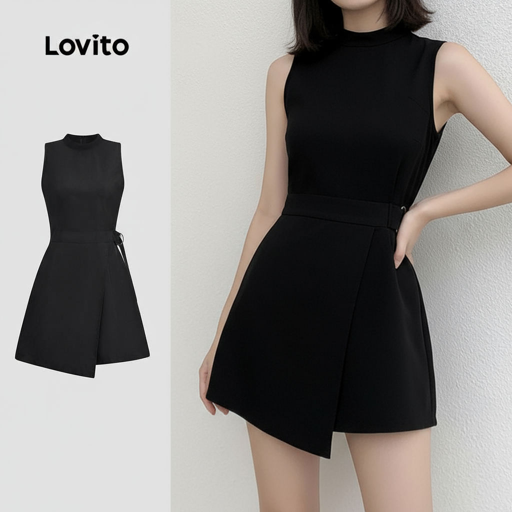 Lovito Macacão Feminino Casual Liso com Fivela de Metal Assimétrica em Preto para Primavera/Verão L135A2D274 em Oferta na Shopee