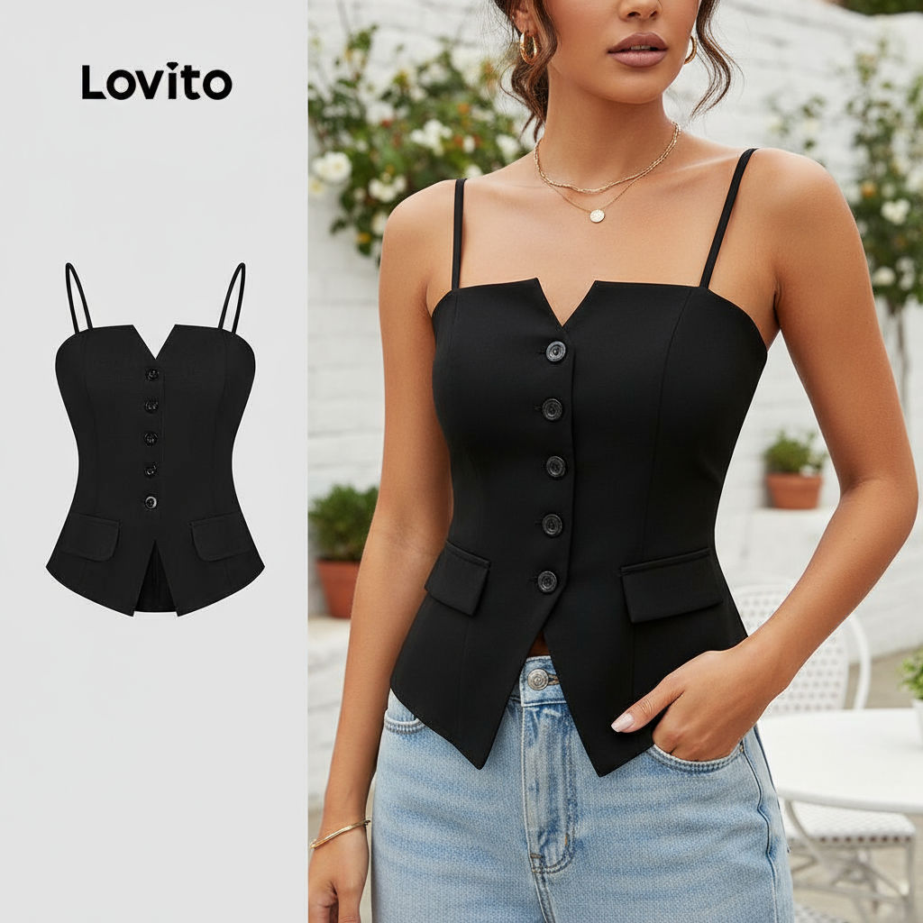 Lovito Regata Feminina Elegante de Botão Liso L131LD1270 em Oferta na Shopee
