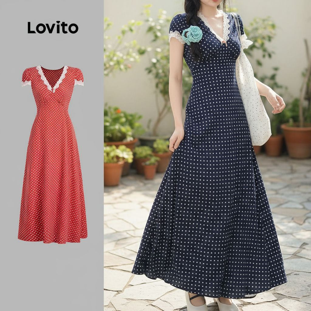 Lovito Vestido Elegante Vestido De Renda Com Costura Em Tecido Liso Para Mulheres LNA69139\2