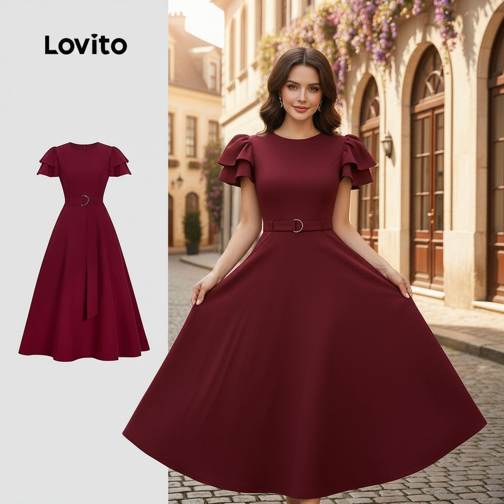 Lovito Vestido Feminino com Cinto Duplo, Elegância para Primavera e Verão, Cor Vinho, L155ED434 em Oferta na Shopee
