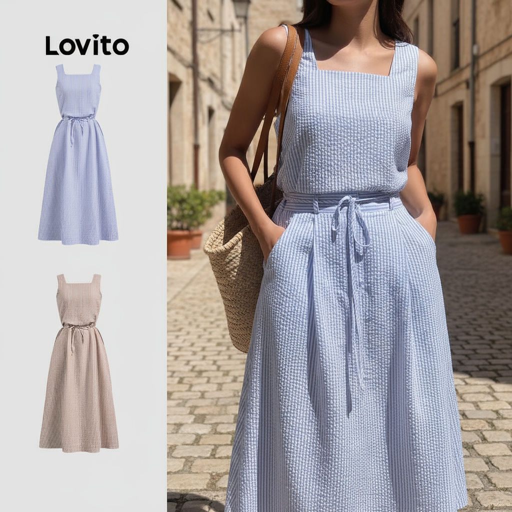 Lovito Vestido Casual Azul para Mulheres com Bolso e Cinto - Primavera/Verão L142LD431 em Oferta na Shopee