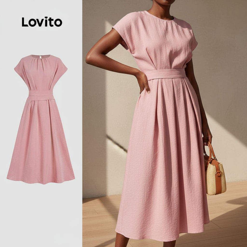 Lovito Vestido Feminino Casual Liso Verão/Primavera com Cinto L131LD1014 em Oferta na Shopee
