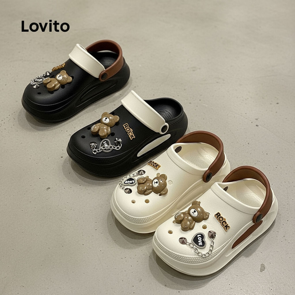Lovito Sandálias Femininas de Verão com Solado Grosso e Antiderrapante Estampa Rock Bear LFA76312 em Oferta na Shopee