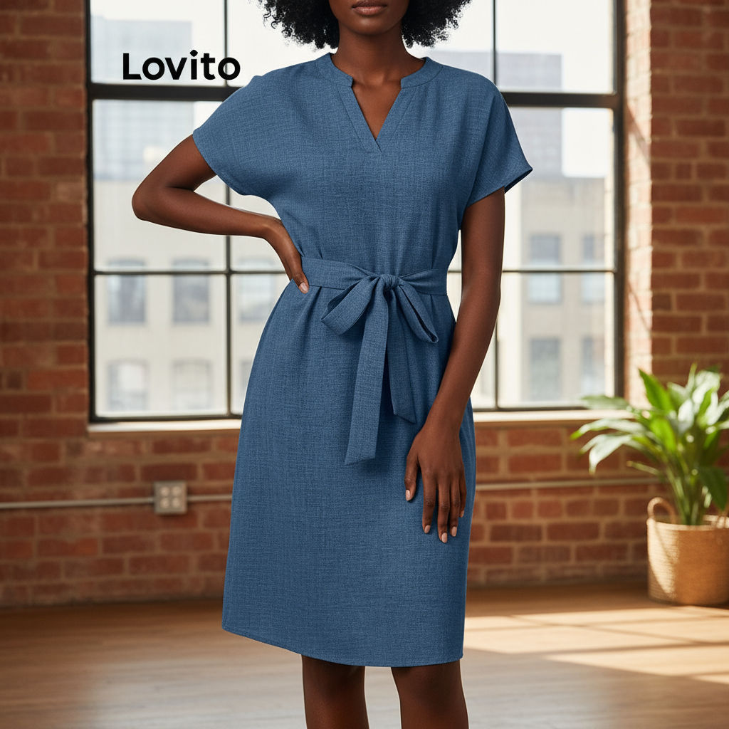 Lovito Refine Vestido Casual Simples com Cinto e Amarração para Mulheres LBL16703\6 em Oferta na Shopee