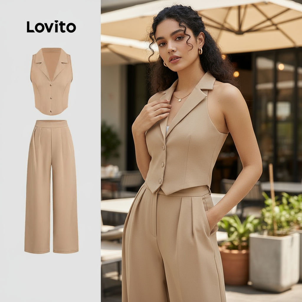 Lovito Conjuntos de Calças Casuais com Botão Pregas Primavera/verão Calças cáqui L138ED553\2 em Oferta na Shopee