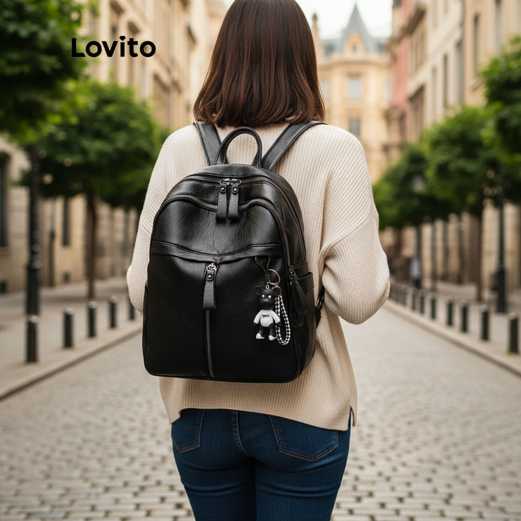 (Trendy2) Lovito Mochila Casual Com Zíper Liso Mochila De Alta Capacidade Para Mulheres LNA09180 (Preto) em Oferta na Shopee