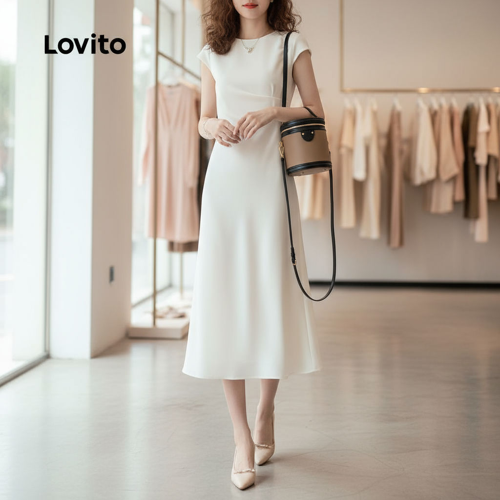 Lovito Vestido Feminino Plissado Liso Elegante para Mulheres LNE72538 em Oferta na Shopee