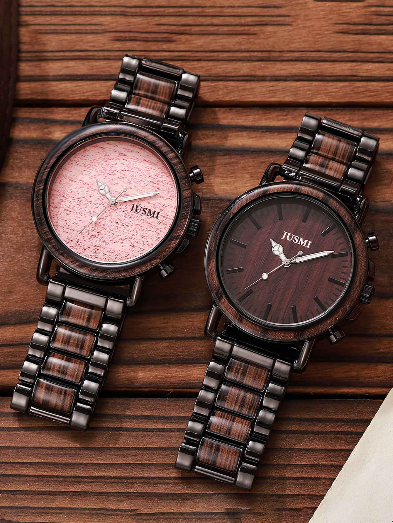 Primavera Vintage Grão De Madeira Casal Relógio De Quartzo Rosa Marrom Mostrador Duplo Presente Artístico
