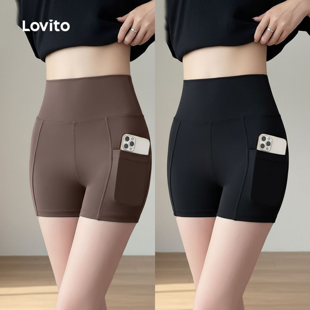 Lovito Short de Alta Compressão para Yoga, Levanta Bumbum, Cintura Alta, LNA124021 em Oferta na Shopee
