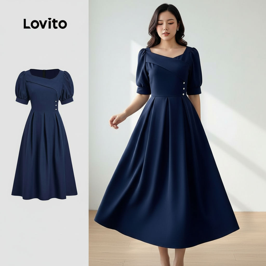 Lovito Vestido Feminino com Zíper e Pregas Azul Escuro Elegante LBL32070 em Oferta na Shopee