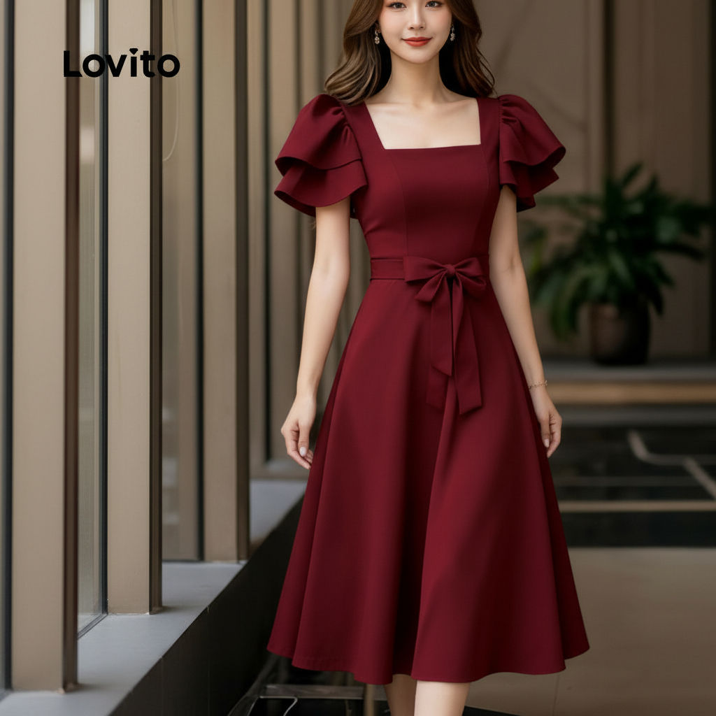 Lovito Vestido Vermelho Ano Novo Babados Cadarço Vinho Feminino L166AD143