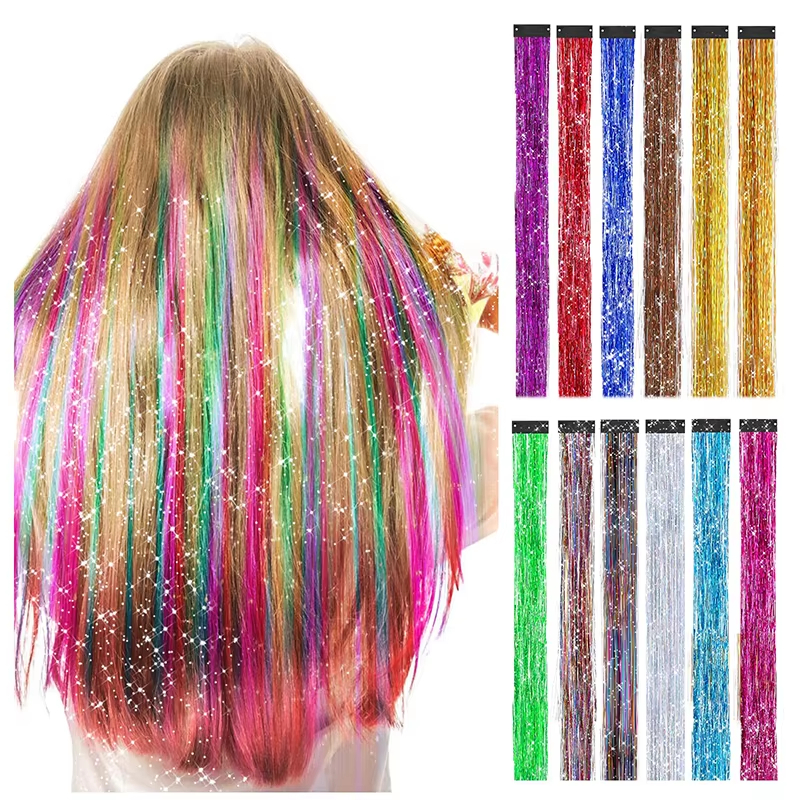 Extensão De Cabelo Reto 5 Peças Laser Fio Dourado Fita Brilhante Peruca Para Decoração De Festa Feminina