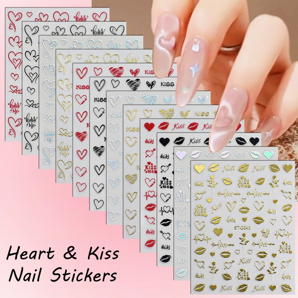 3/6/12 Folhas Adesivos Metálicos para Unhas com Coração & Beijo, Decalques com a Letra LOVE, Estampa de Boca e
