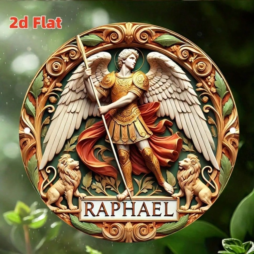 Placa de Parede de Metal Religiosa - Arcanjo Rafael, Arte em Estanho para Decoração Bíblica em Quarto ou Sala
