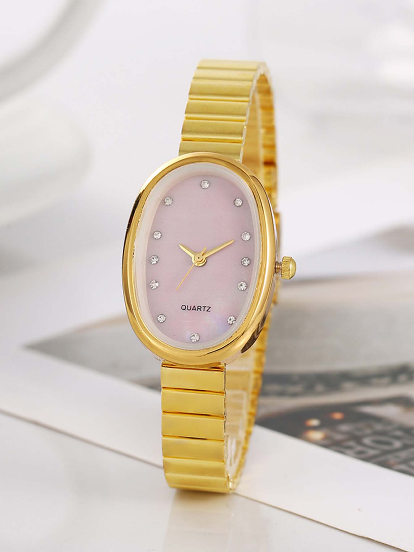Retro Oval Dial Diamante Marcador Relógio Para Mulher Com Pulseira De Ouro Prata Rosa Branco Azul Elegante De Pulso