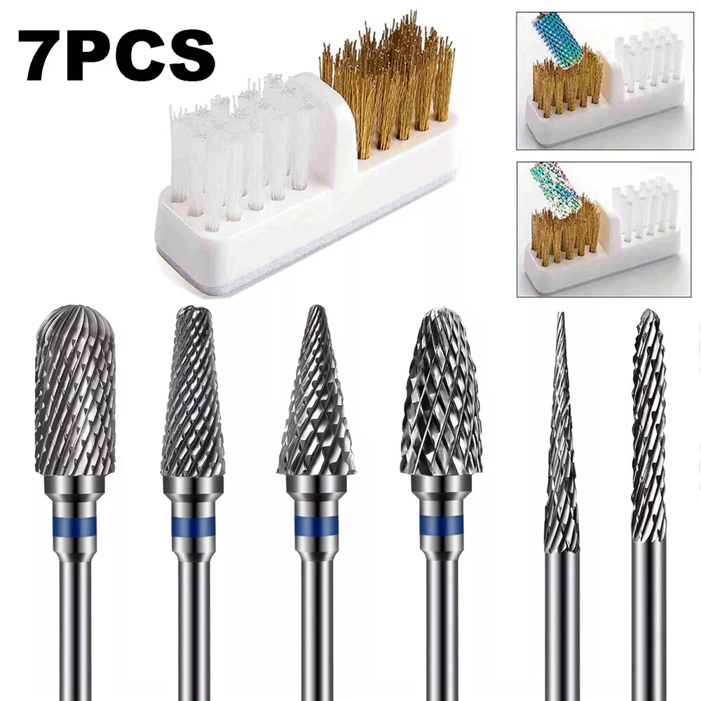 Kit de 7 peças de broca para unhas de carboneto de tungstênio com escova de limpeza (3/32), ferramentas profissionais