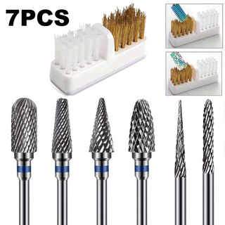  Kit de 7 peças de broca para unhas de carboneto de tungstênio com escova de limpeza (3/32), ferramentas profissionais