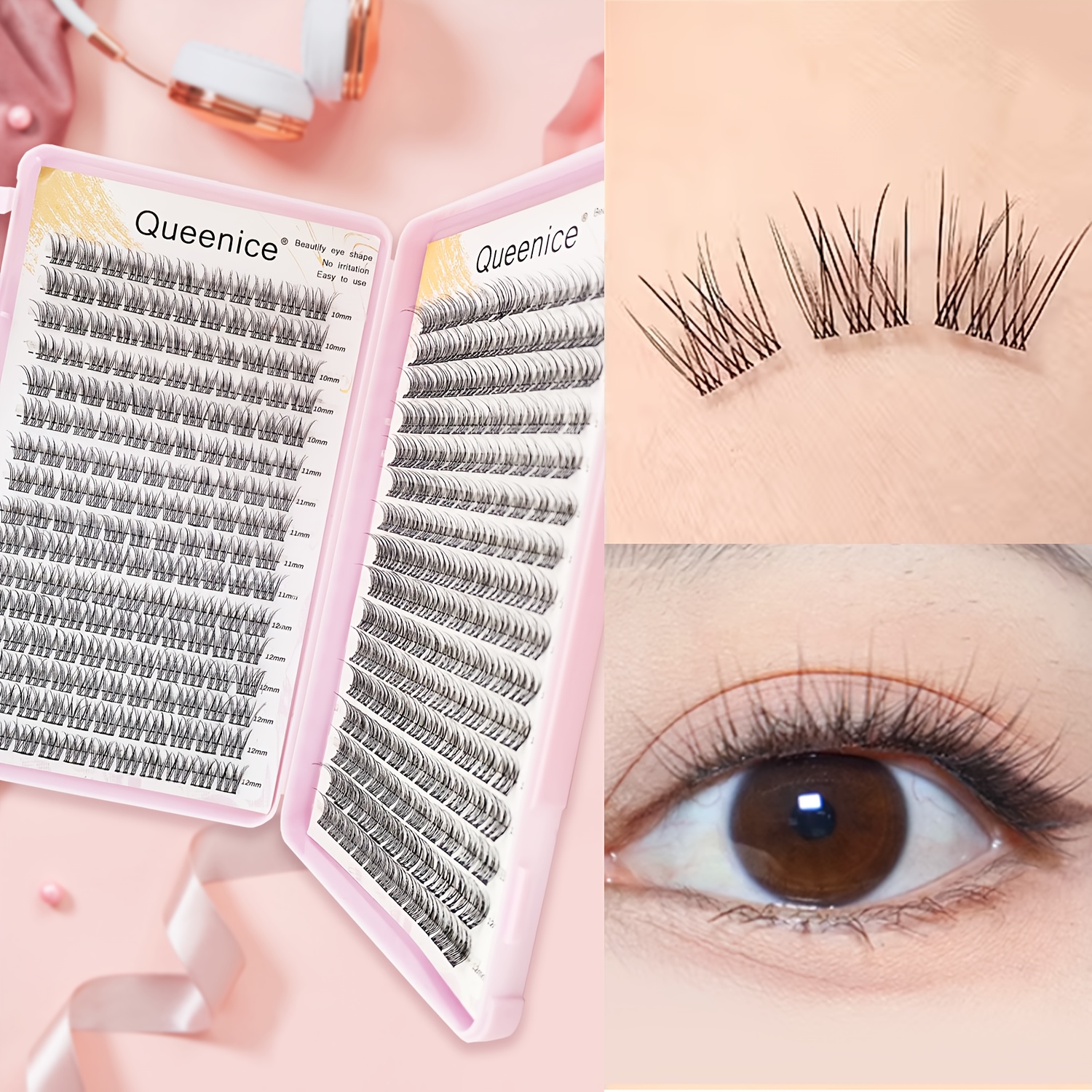  Kit de Cílios Autoadesivos Queenice, 352pcs Extensões Naturais DIY, 0.07mm D-Curl, Comprimentos Mistos 10-12mm, Design