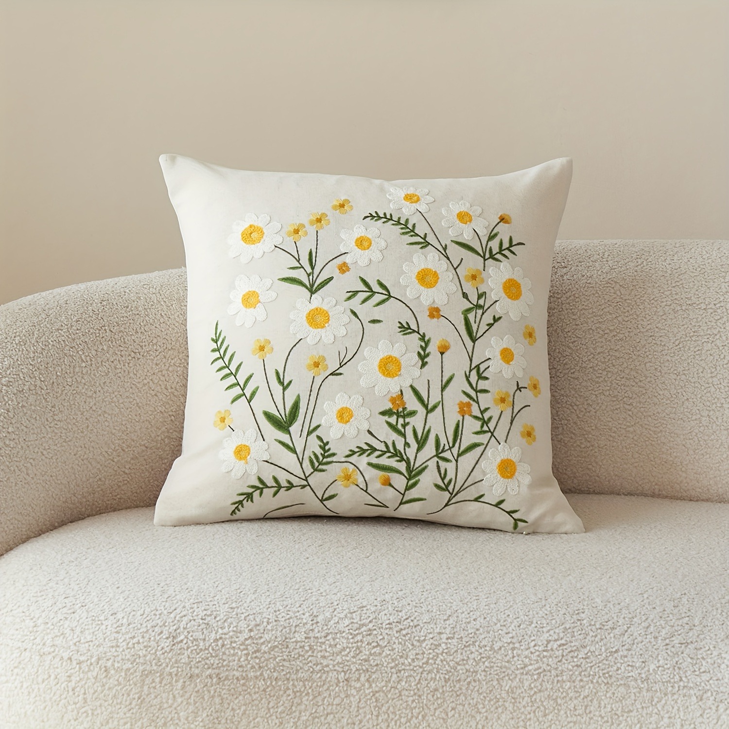 Capa De Almofada Bordada Com Margaridas Silvestres , 1 Peça , Decorativa Impressa Em 2D Para Sofá , Quarto , Sala De Est